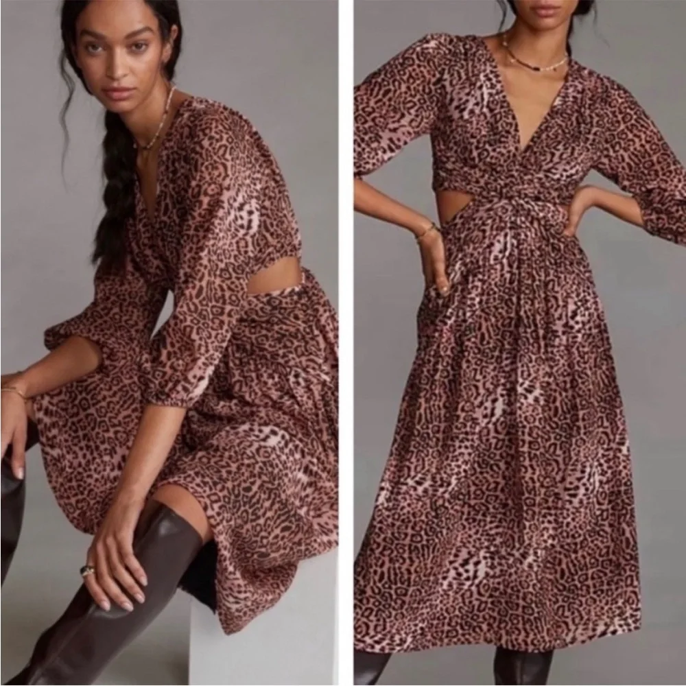ANTHROPOLOGIE RANA GILL Long Sleeve Cutout Midi Dress in Leopard Size S